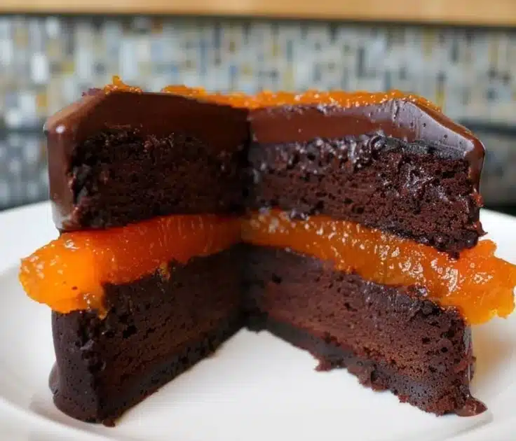 Delicious Sachertorte chocolate cake with apricot jam topping.