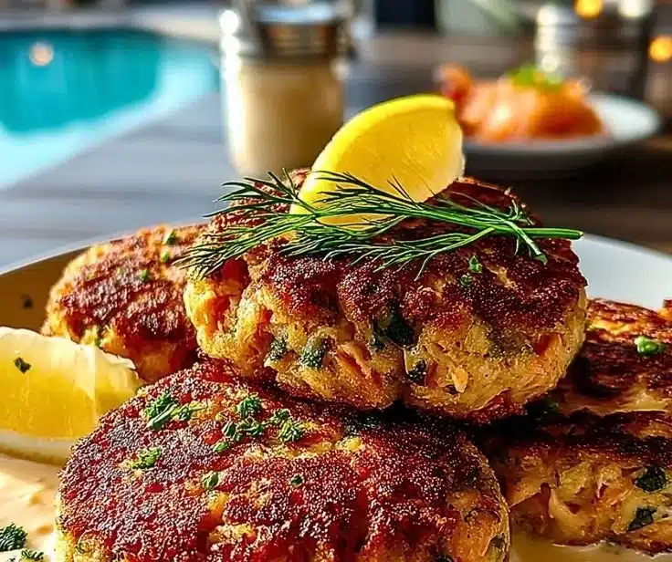 Plate of golden-brown salmon cakes made with canned salmon