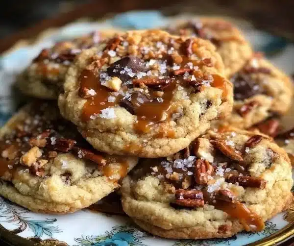 Freshly baked Salted Caramel Crunch Cookies on a cooling rack