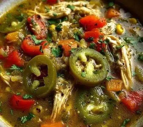 Bowl of Santa Fe Green Chile Chicken Soup with fresh herbs and spices