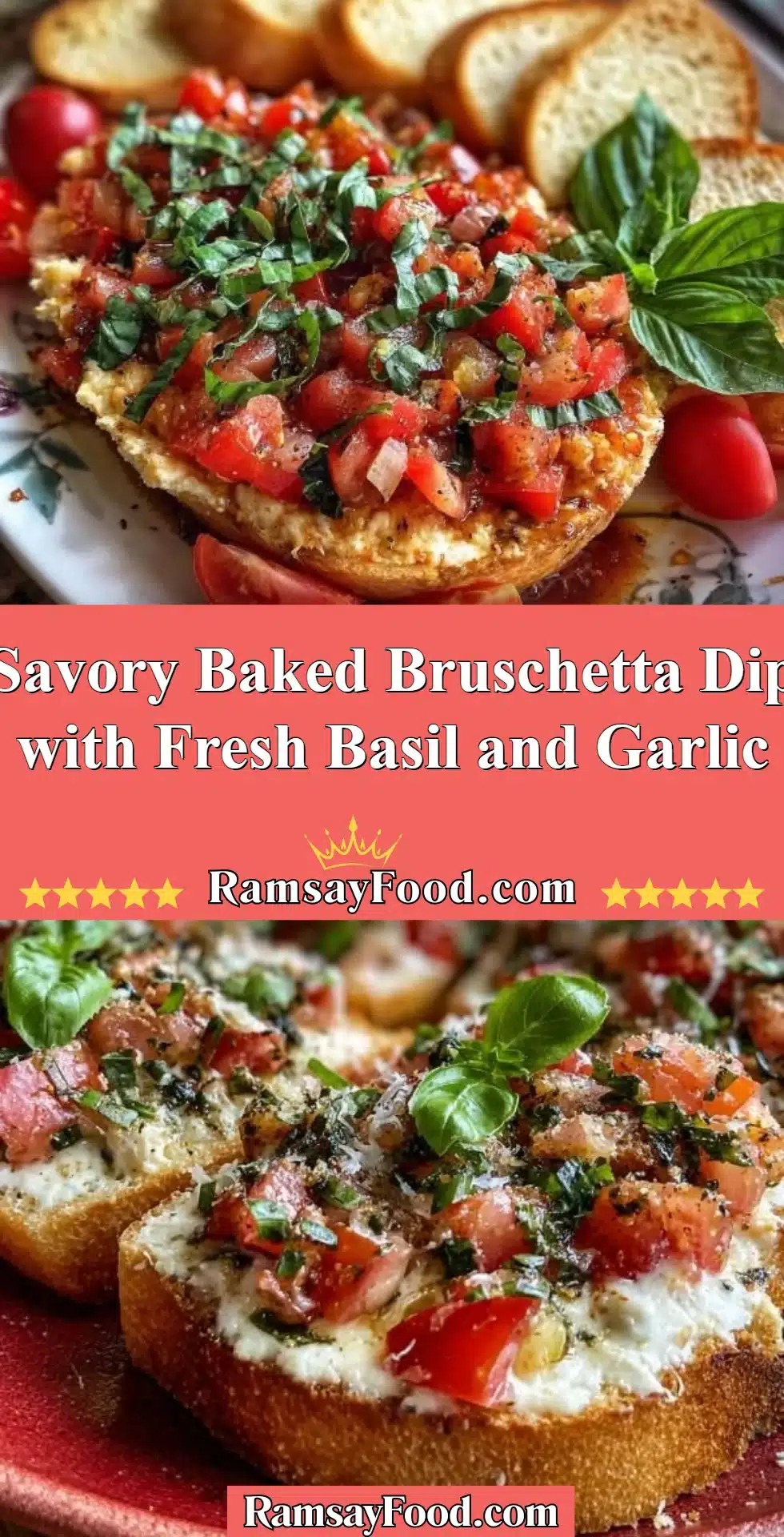 Savory baked bruschetta dip with fresh basil and garlic in a baking dish