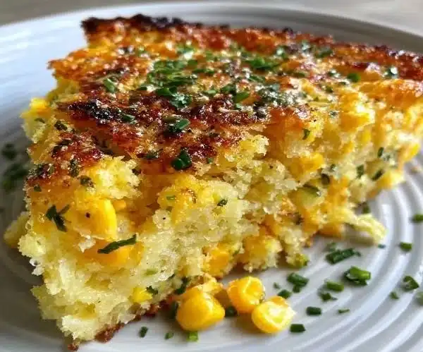 Savory baked corn pudding topped with cheddar cheese and herbs
