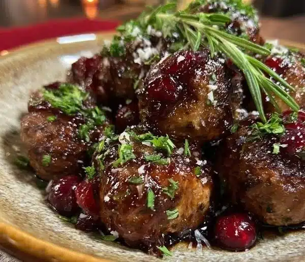 Savory Baked Cranberry-Glazed Meatballs with Fresh Herbs 8 Savory baked cranberry-glazed meatballs with fresh herbs on a plate