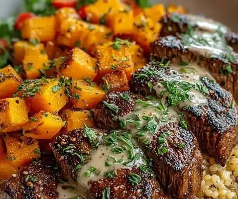 Savory butternut squash and garlic herb steak bowls served in a rustic dish