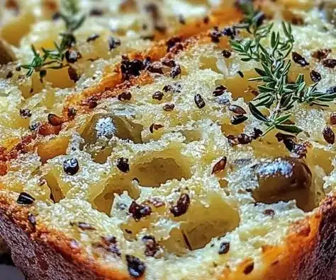 Savory cheese and olive quick bread sliced on a wooden board