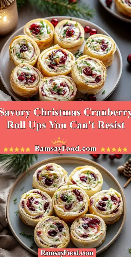 Savory Christmas Cranberry Roll Ups served on a festive platter