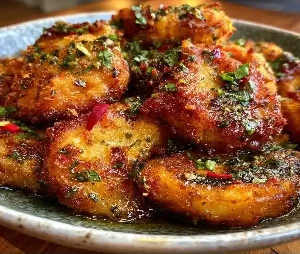 Savory crispy fried false with zesty herb infusion served on a plate.