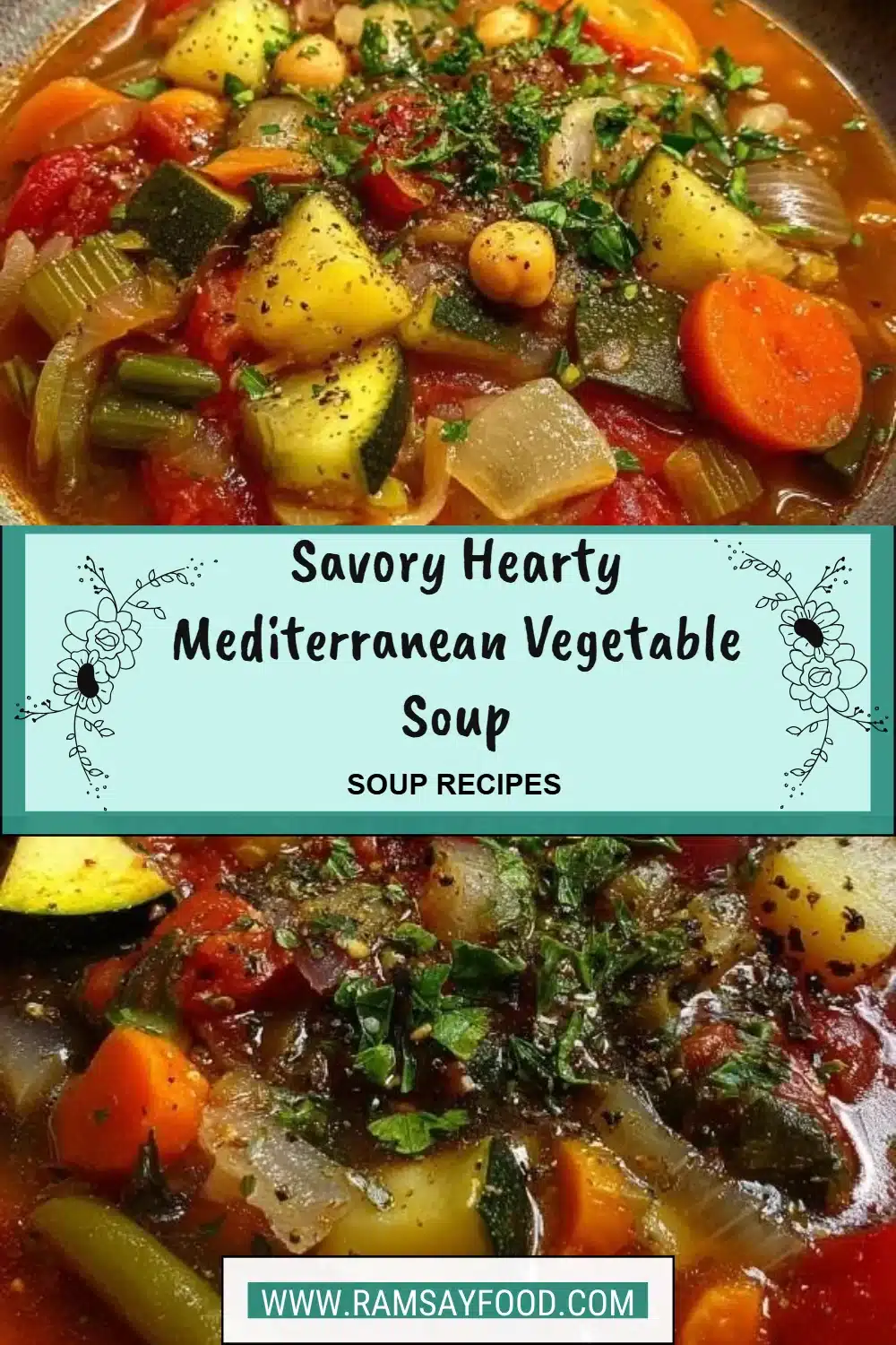Savory Hearty Mediterranean Vegetable Soup 2 Bowl of savory Mediterranean vegetable soup with fresh vegetables and herbs