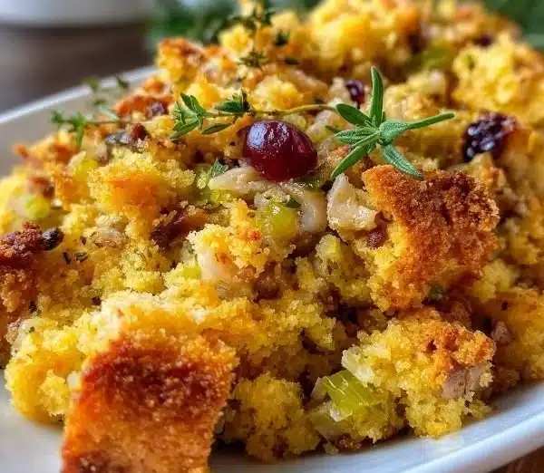 Savory herb-infused baked cornbread stuffing in a rustic dish