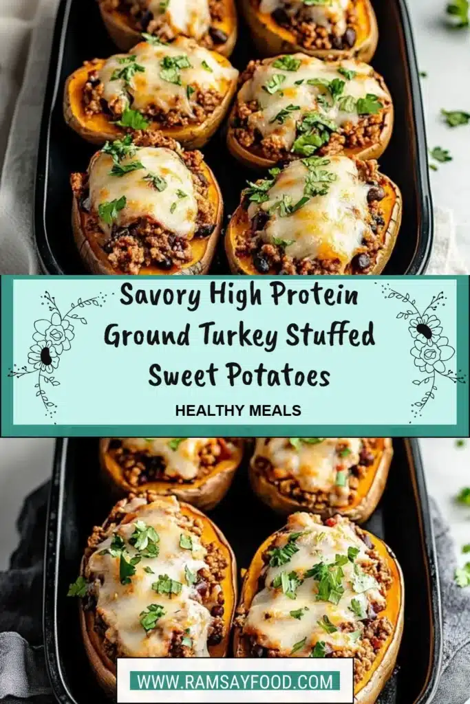 Savory ground turkey stuffed sweet potatoes topped with herbs and spices