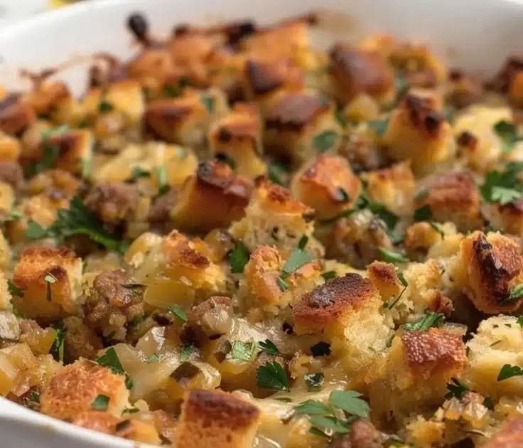 Savory panettone stuffing with Italian sausage served in a festive dish