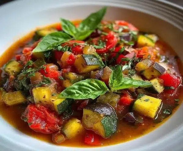 Bowl of savory rustic ratatouille soup topped with fresh basil.