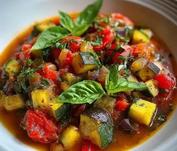 Bowl of savory rustic ratatouille soup garnished with fresh basil