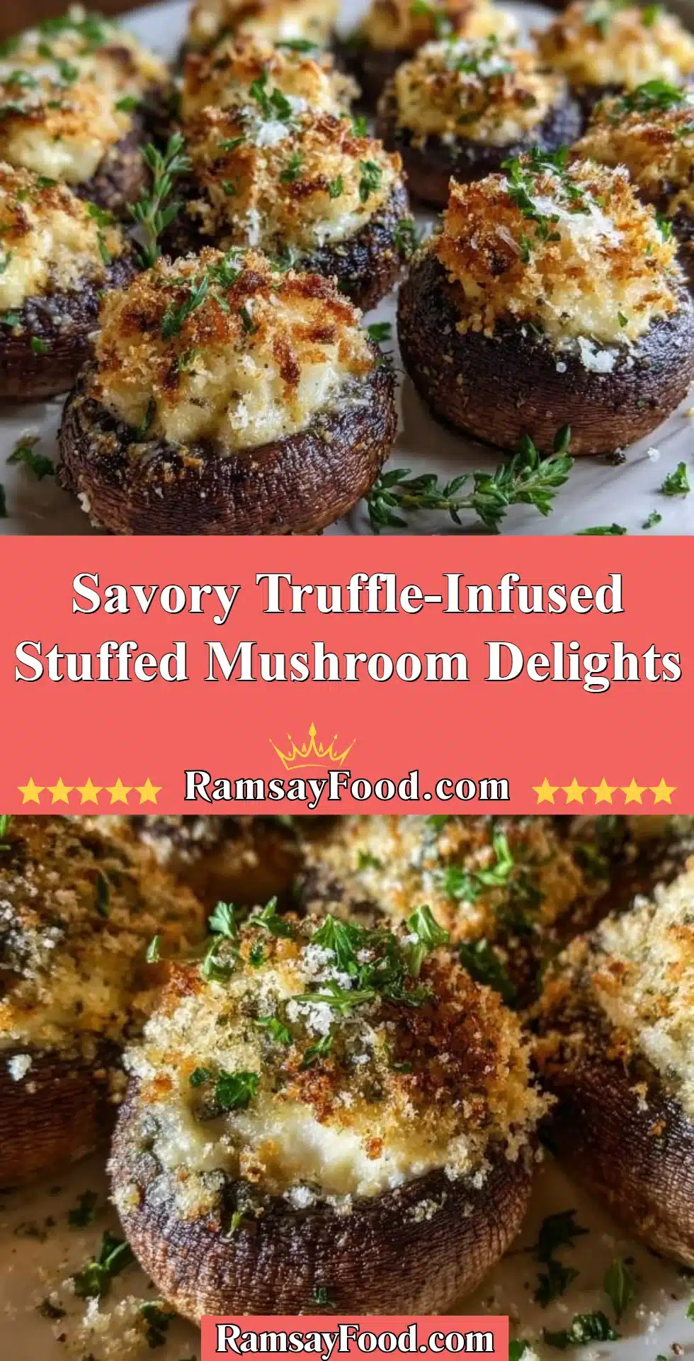 Savory Truffle-Infused Stuffed Mushroom Delights 2 Savory truffle-infused stuffed mushrooms on a serving platter