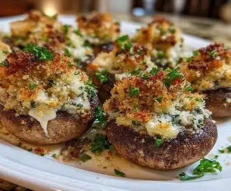 Savory Truffle-Infused Stuffed Mushroom Delights 4 Savory truffle-infused stuffed mushrooms presented on a platter