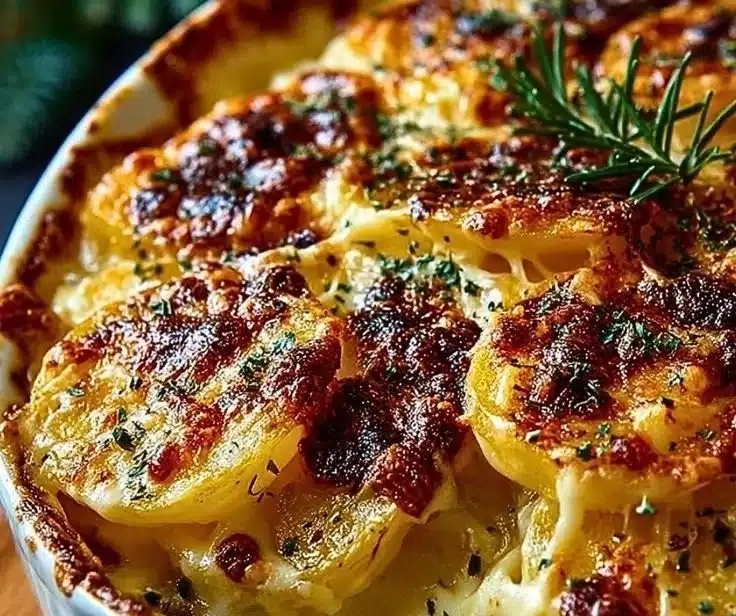 Delicious layered scalloped potatoes with cheese and cream bake.