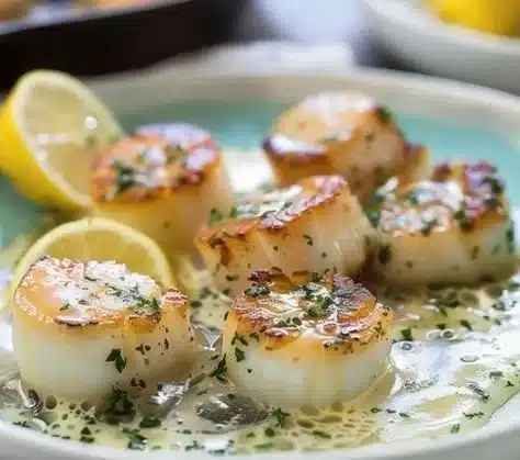 Plated seared scallops with lemon butter sauce and fresh herbs