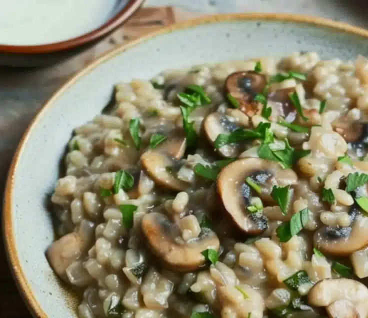 Shiitake & Barley Winter Risotto 6 Delicious Shiitake and Barley Winter Risotto served in a cozy bowl