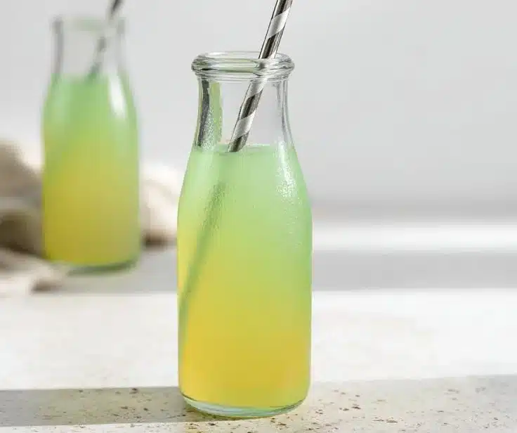 Refreshing homemade green apple soda served in a glass with ice and mint