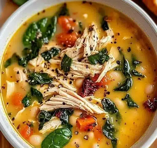 Bowl of Simple Tuscan Soup with fresh ingredients and herbs