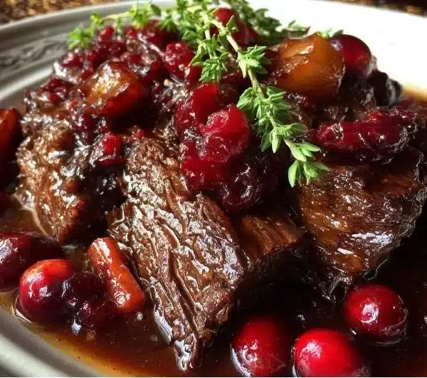 Slow-Braised Beef Roast with Cranberry Balsamic Glaze 6 Slow-braised beef roast with cranberry balsamic glaze on a serving platter