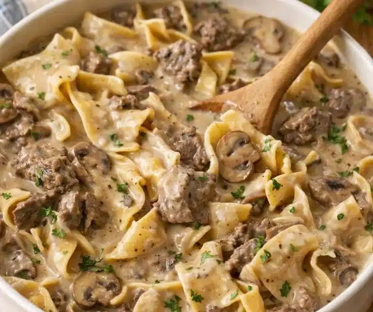 Slow Cooker Beef Stroganoff in a bowl with creamy sauce and noodles.