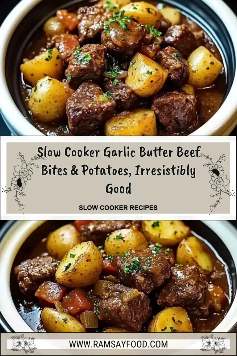 Slow cooker garlic butter beef bites with potatoes served on a plate