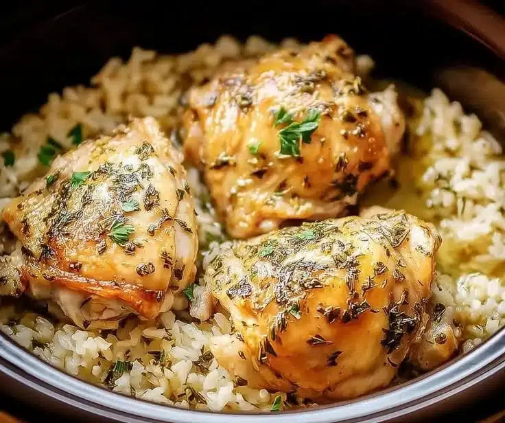 Slow Cooker Lemon Herb Chicken and Rice Recipe 5 Delicious slow cooker lemon herb chicken served with fluffy rice and herbs