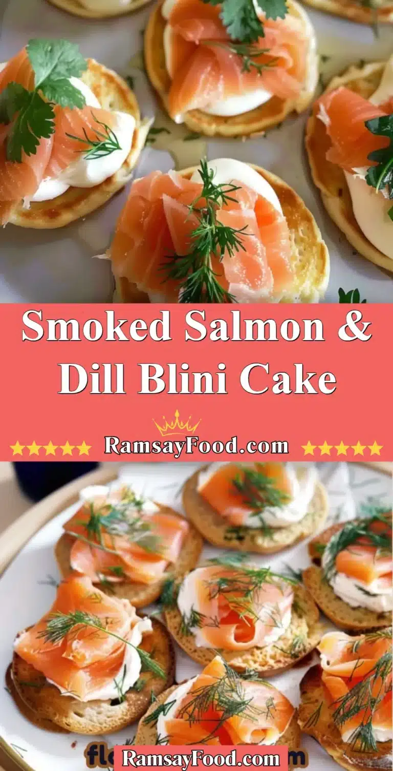 Smoked Salmon & Dill Blini Cake 4 Smoked Salmon and Dill Blini Cake garnished with fresh herbs