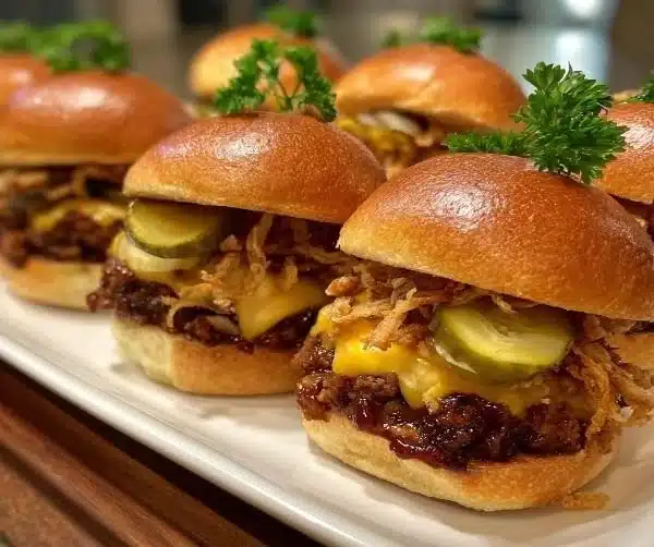 Smoky BBQ cowboy sliders with crispy onions and tangy pickles served on a plate