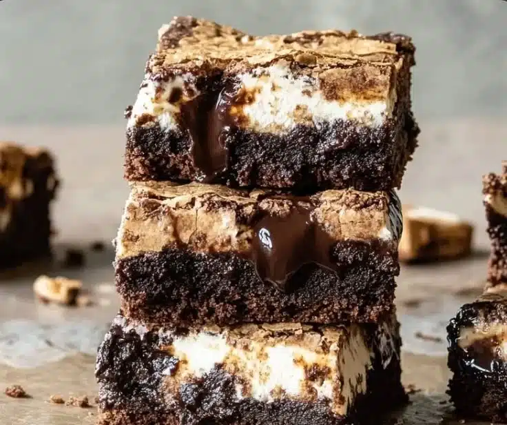 Delicious S’mores Brownies topped with marshmallows and graham crackers