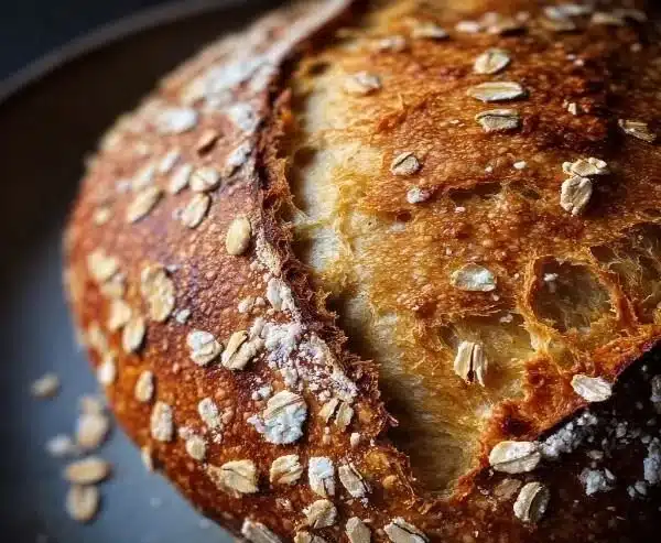 Freshly baked honey oat sourdough bread with a golden crust and chewy texture.