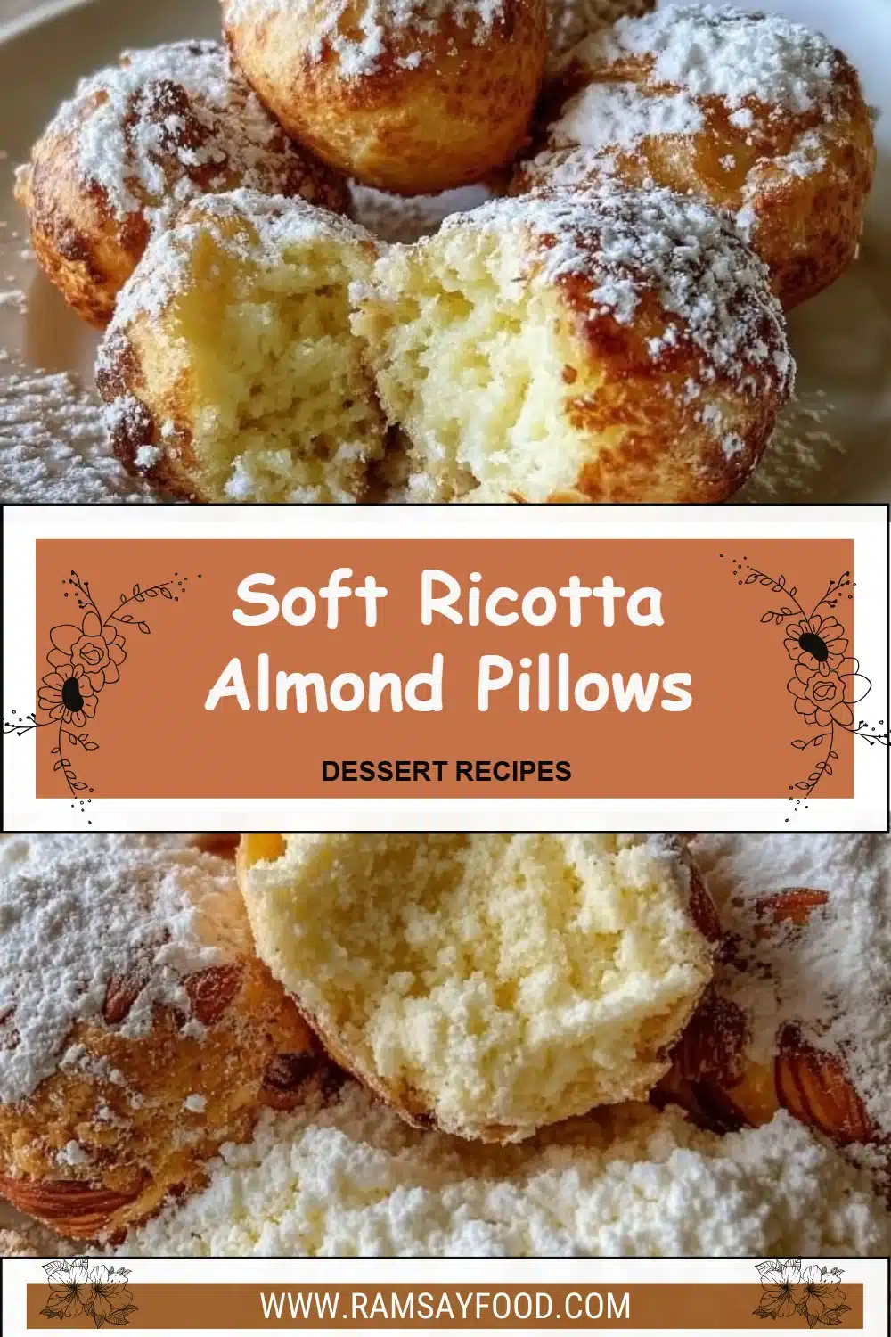 Soft Ricotta Almond Pillows 2 Soft ricotta almond pillows arranged on a plate, showcasing their fluffy texture.
