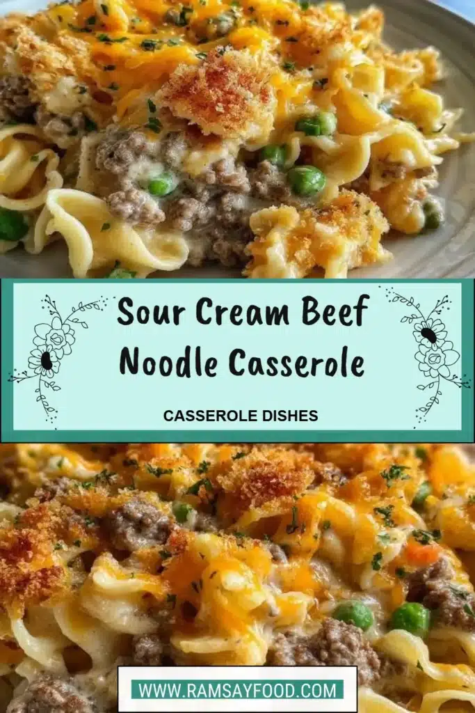 Sour cream beef noodle casserole in a baking dish topped with cheese