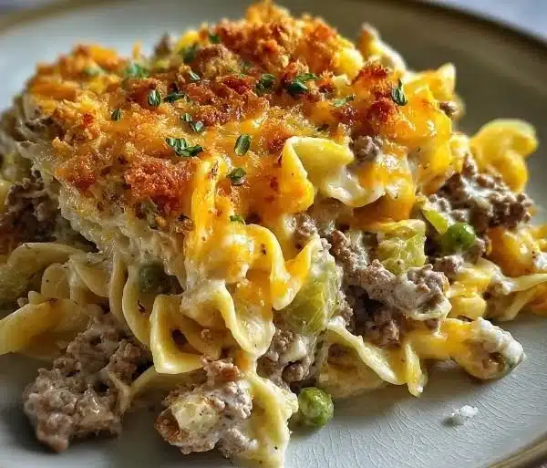 Sour Cream Beef Noodle Casserole 9 Sour cream beef noodle casserole topped with cheese and baked until golden brown