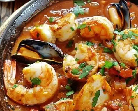 Delicious Spanish seafood zarzuela with fresh seafood and spices