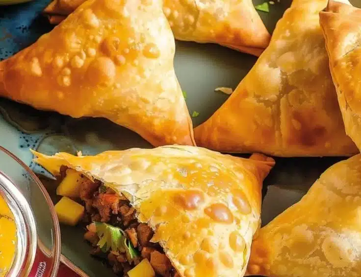 Plate of spiced lamb samosas served with mango chutney for dipping