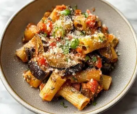 Delicious Spicy Eggplant Pasta garnished with herbs