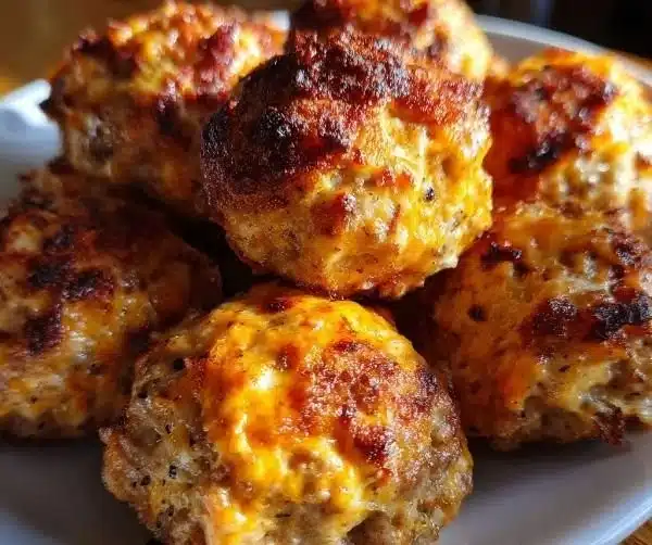 Spicy Rotel cream cheese sausage balls served on a platter