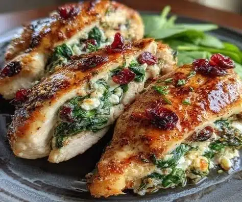 Spinach and cranberry stuffed chicken breasts ready to serve