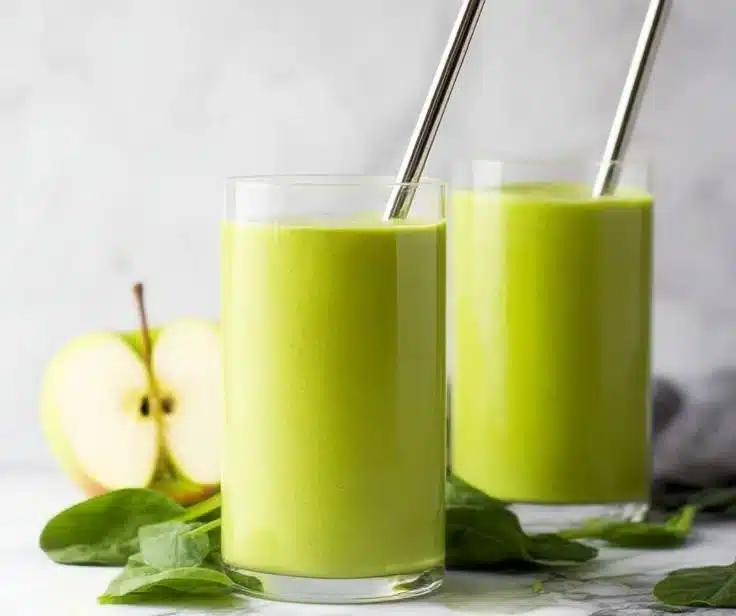 Spinach Green Apple Smoothie in a glass with fresh ingredients around it