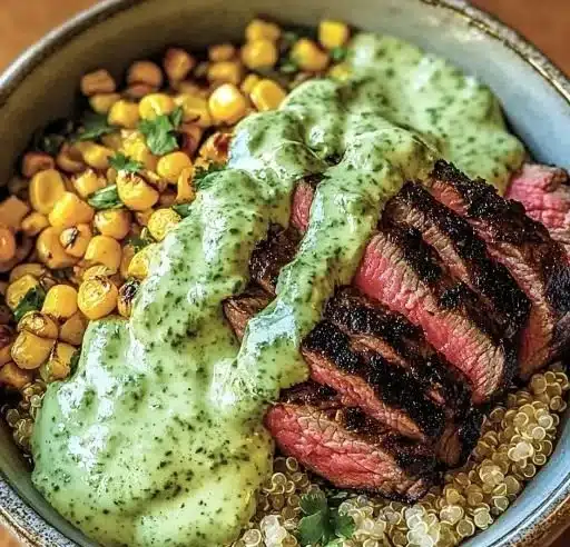 Steak Avocado Roasted Corn Bowl with Cilantro Cream Magic 4 Steak Avocado Roasted Corn Bowl topped with cilantro cream sauce