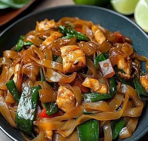 Plate of street style Thai Drunken Noodles garnished with fresh herbs