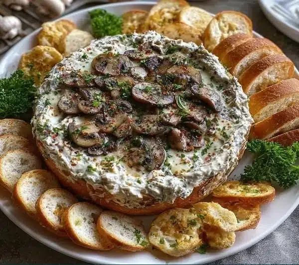 Stuffed Mushroom Dip 2 Delicious stuffed mushroom dip served in a bowl with herbs and crackers.