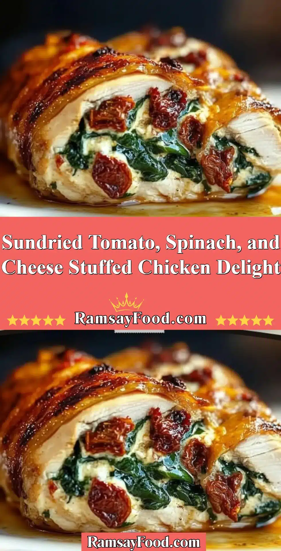 Sundried Tomato, Spinach, and Cheese Stuffed Chicken Delight 2 Sundried tomato, spinach, and cheese stuffed chicken on a plate