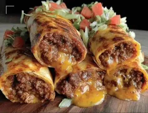 Crispy cheeseburger wraps served on a plate for a Super Bowl party.