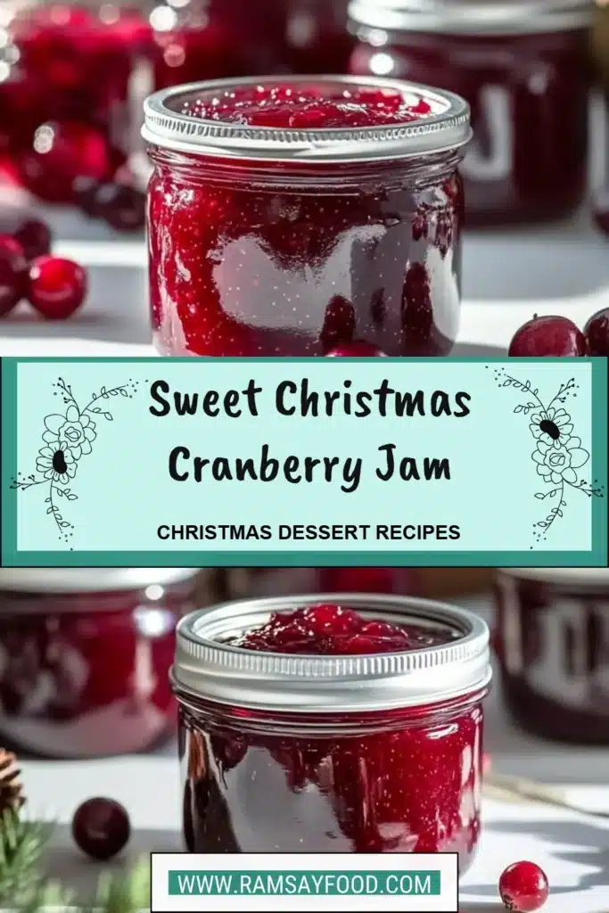 Jars of Sweet Christmas Cranberry Jam with holiday decorations