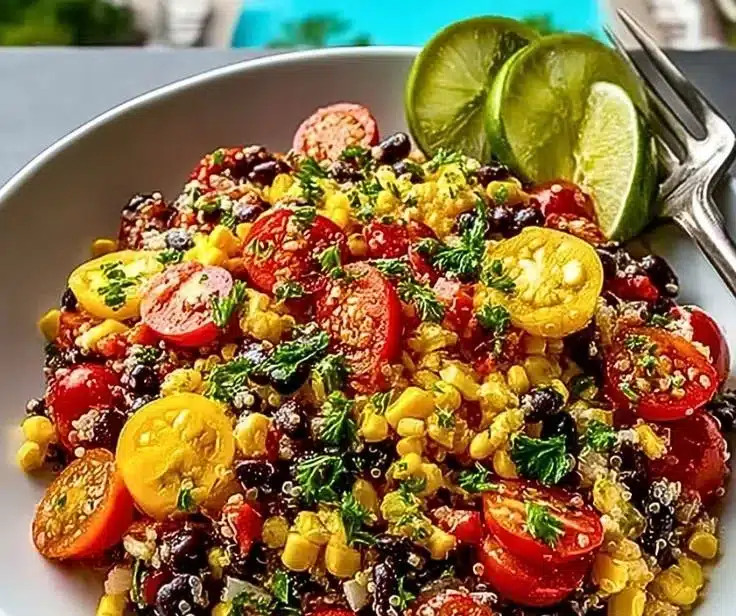 Colorful Sweet Corn and Black Bean Quinoa Salad in a bowl