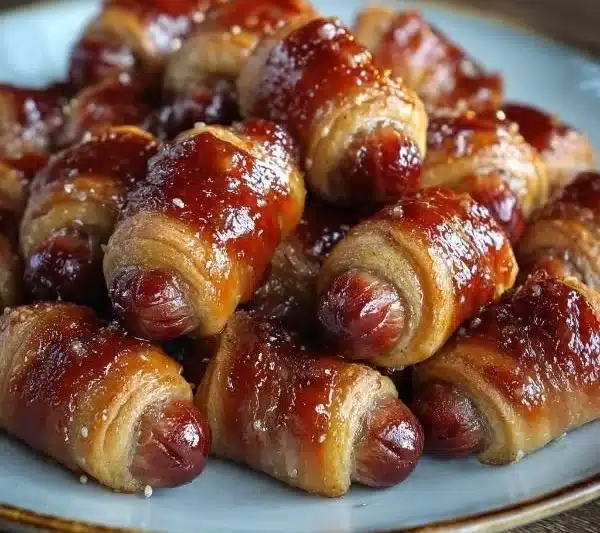 Sweet glazed pigs in a blanket served on a festive platter.
