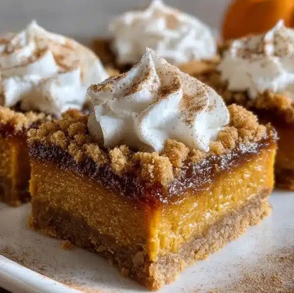 Delicious sweet potato pie bars topped with whipped cream and spices.